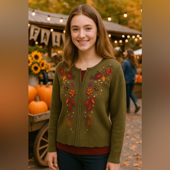 VTG Erika & Co Embroidered Cardigan Sweater XL Fall Leaves Cottage Grannycore - Picture 2 of 10